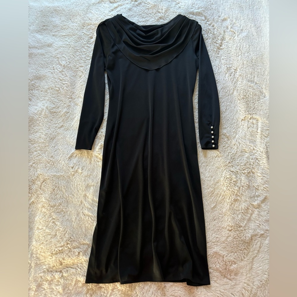 VTG Marie Claire Black Cowl Neck Draped Long Sleeve Midi Dress